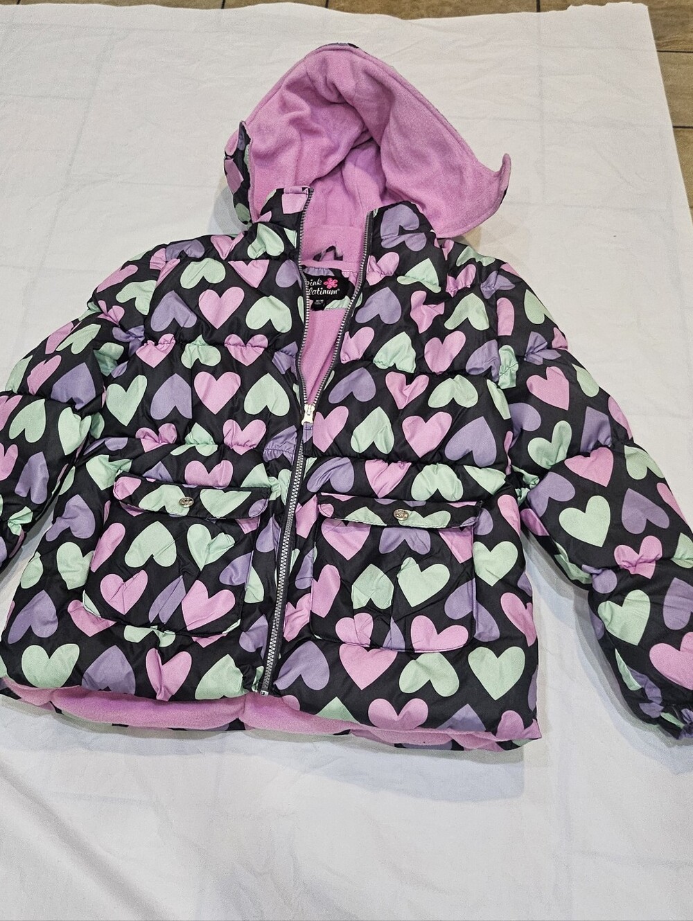 Pink Platinum Black Puffer Jacket with Pink & Mint Heart Print. Dz 14-16